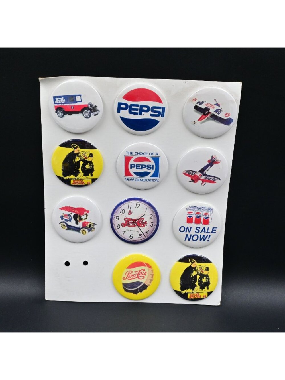 Pepsi-Cola Pinback Buttons Lot of 11 Advertising Pins On Display Card Vintage